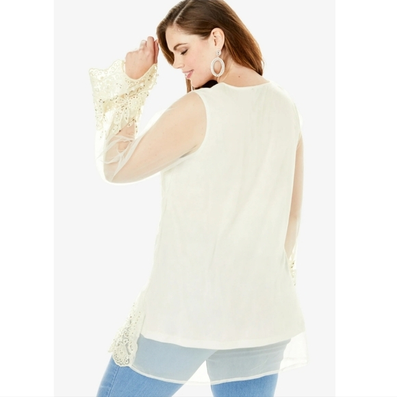 Roaman's Embellished Mesh Overlay Tunic Top Size 22W Ivory Lace Pearl Sheer - Picture 4 of 16